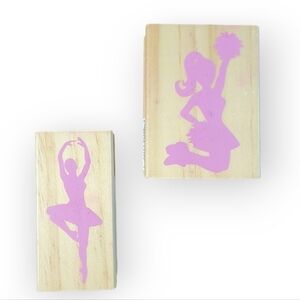 Lot of 2 wooden block rubber stamps Cheerleader Ballerina